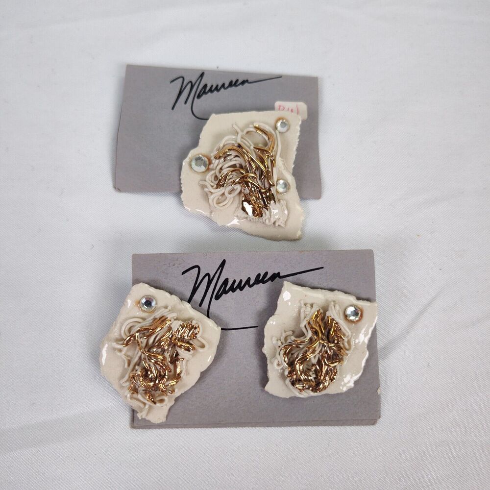Vintage Artisan Ceramic Earrings and Pin Brooch Abstract Ceramic 22K Gold Paint